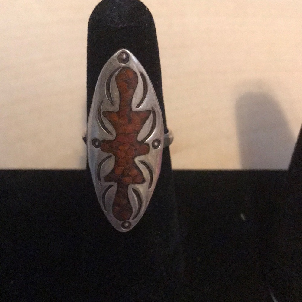 Native American ring coral inlay and silver